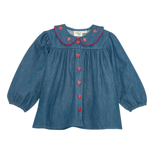 Flöss - Denim Bluse - Vilma - Mid Blue Strawberry