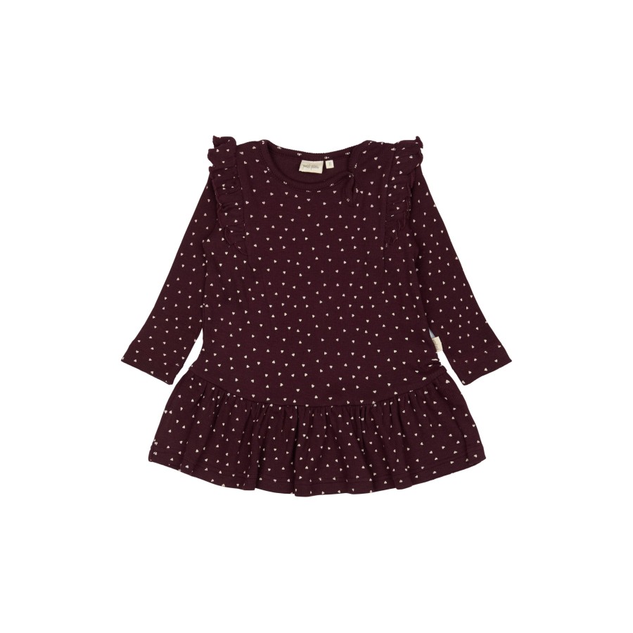 Petit Piao - Kjole - Modal Heart Rib Frill - Dark Grape White