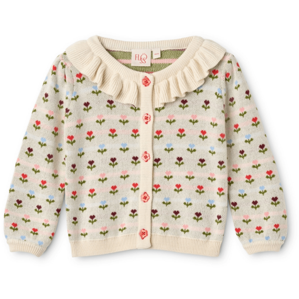Flöss cardigan med krave og blomster